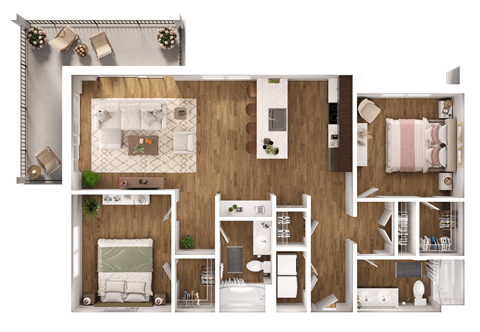 Floor plan for 2 beds, 2 baths, 1087 sqft